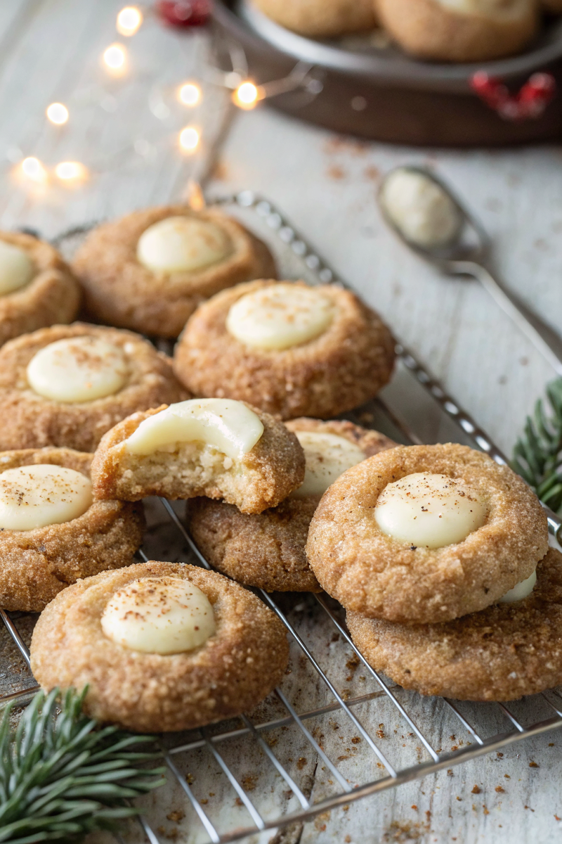 Eggnog Snickerdoodle Thumbprint Cookies – Soft, Festive & Filled with Creamy White Chocolate