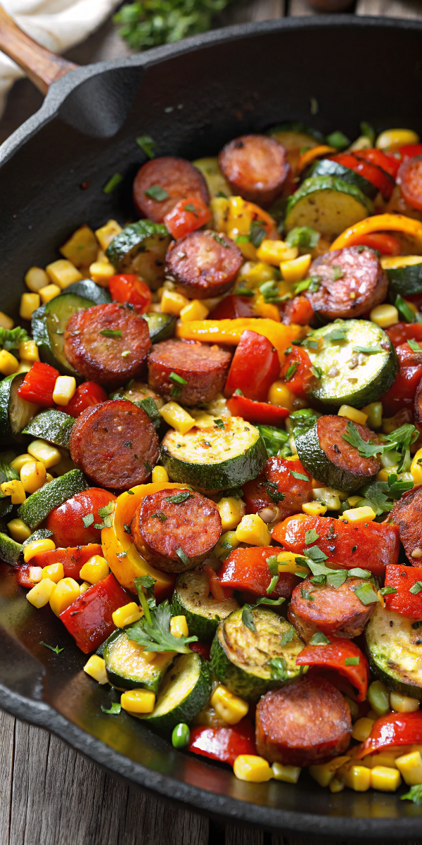 Summer Dinner – Sausage and Veggies Skillet with Bell Peppers, Zucchini, and Corn