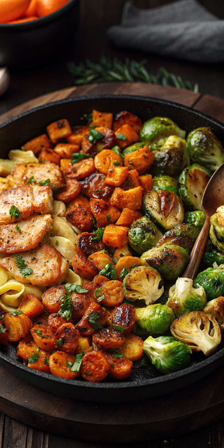 Autumn Chicken & Tortellini Dinner with Roasted Vegetables – A Cozy, Hearty Fall Meal with Tender Chicken, Cheese Tortellini, and Caramelized Butternut Squash and Brussels Sprouts