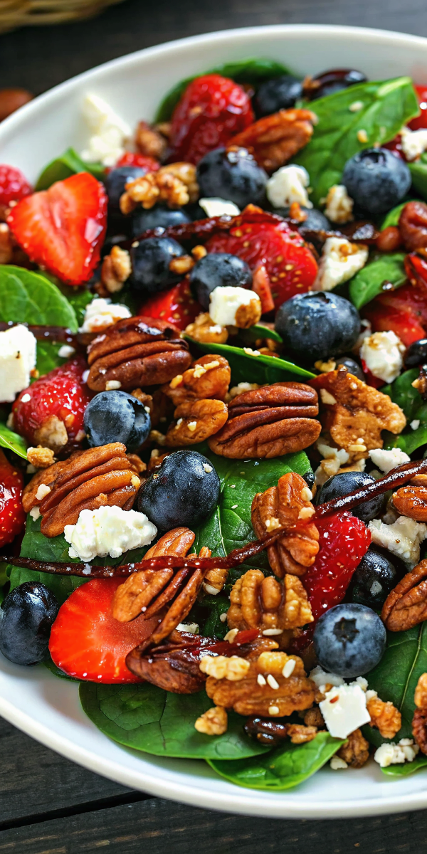 30-Minute Strawberry Spinach Salad with Blueberries, Pecans, Feta Cheese, and Balsamic Glaze