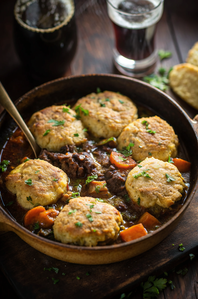 Hearty Beef Stew with Cheddar Herb Dumplings – Rich, Comforting & Alcohol-Free